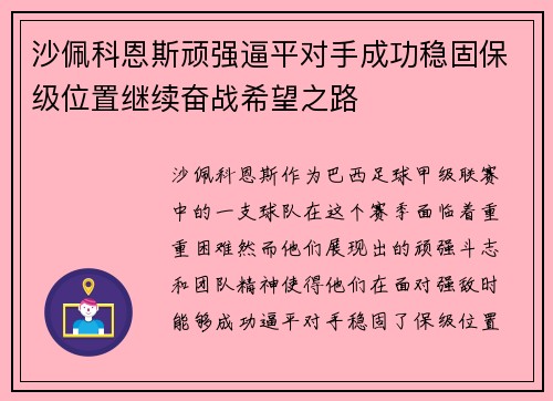 沙佩科恩斯顽强逼平对手成功稳固保级位置继续奋战希望之路