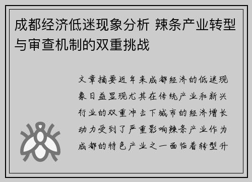 成都经济低迷现象分析 辣条产业转型与审查机制的双重挑战