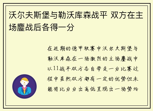 沃尔夫斯堡与勒沃库森战平 双方在主场鏖战后各得一分