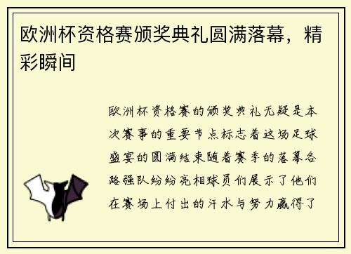 欧洲杯资格赛颁奖典礼圆满落幕，精彩瞬间