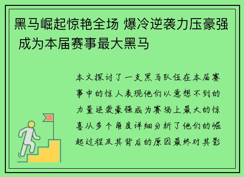 黑马崛起惊艳全场 爆冷逆袭力压豪强 成为本届赛事最大黑马